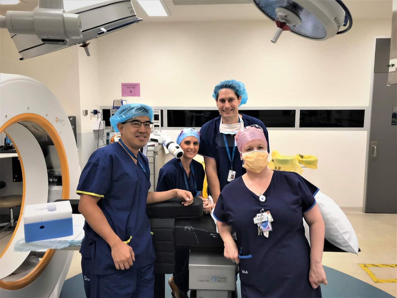 Neurosurgeon Ian Wang, Surgical Technician Filli Kaoullas, Brainlab management Tom Bronts, and Neurosurgery Manager Tammy Caine, St Vincent’s Private, Fitzroy.