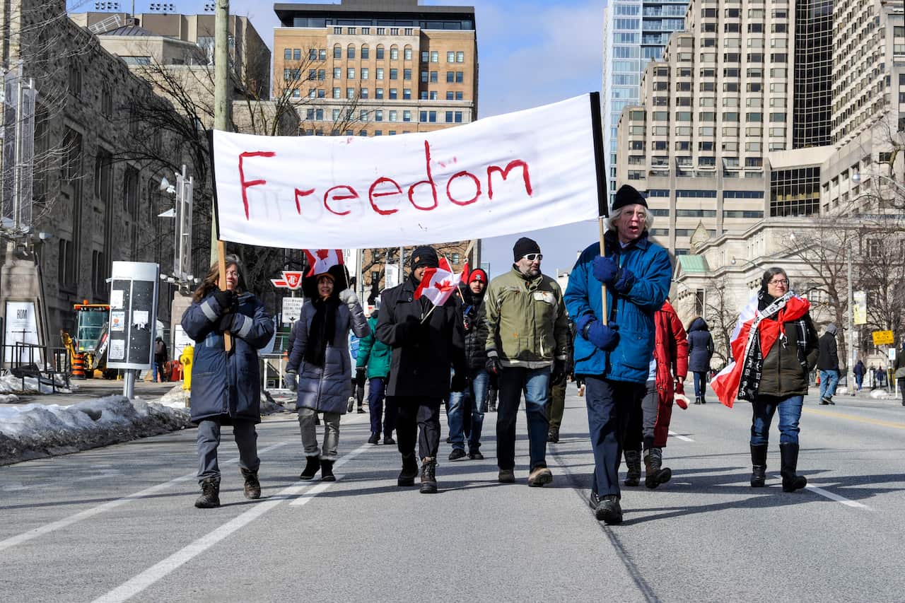 Anti-mandate protesters, also known as Freedom Convoy, rally at Ontario's Queen's Park in Toronto to oppose anti-mandates imposed by the government.Toronto, Ontario, Canada, on February 12, 2022. (Photo by Dominic Chan/Sipa USA)