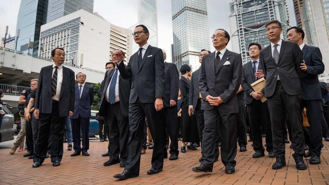 MP and lawyer Dennis Kwok (C) and leading member of Hong Kong's Bar Association Alan Leong (R2) lead a silent march against the extradition bill.
