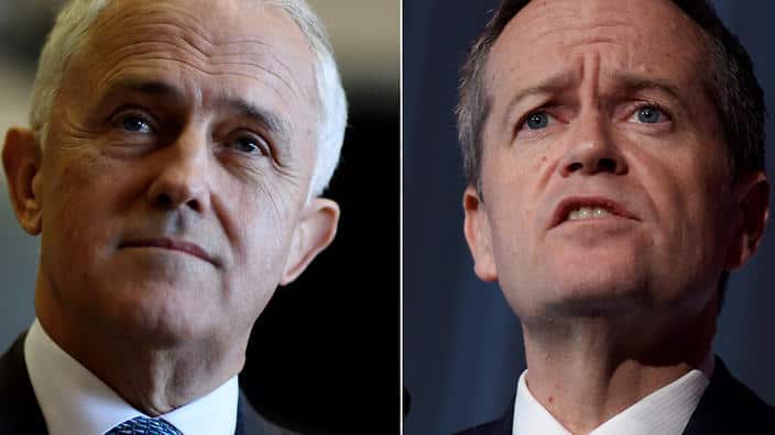 Composite image of Australian Prime Minister Malcolm Turnbull in Nowra (left) and Leader of the Opposition Bill Shorten in Brisbane on day 31 of the federal election campaign, Wednesday, June 8, 2016.