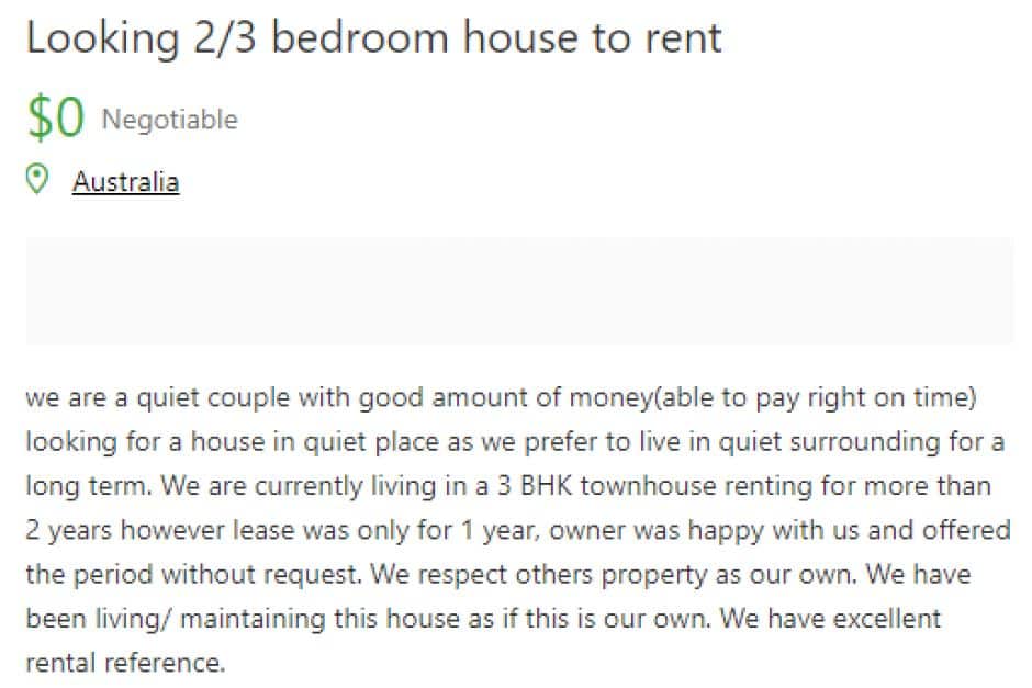 The Gumtree ad the couple posted in search of a house