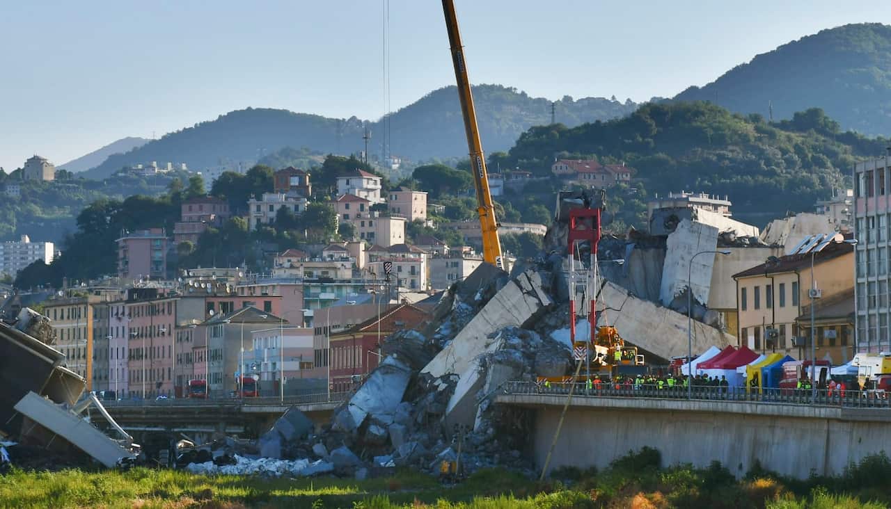 Photo taken on Aug. 15, 2018, shows debris from a collapsed highway bridge in the northern Italian city of Genoa.