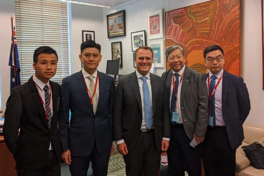 Hong Kong pro-democracy movement leaders Dennis Tsui, Jeremy Tam, Cheuk-Yan Lee and Eric Lai met with Liberal MP Tim Wilson (centre) at Parliament House.