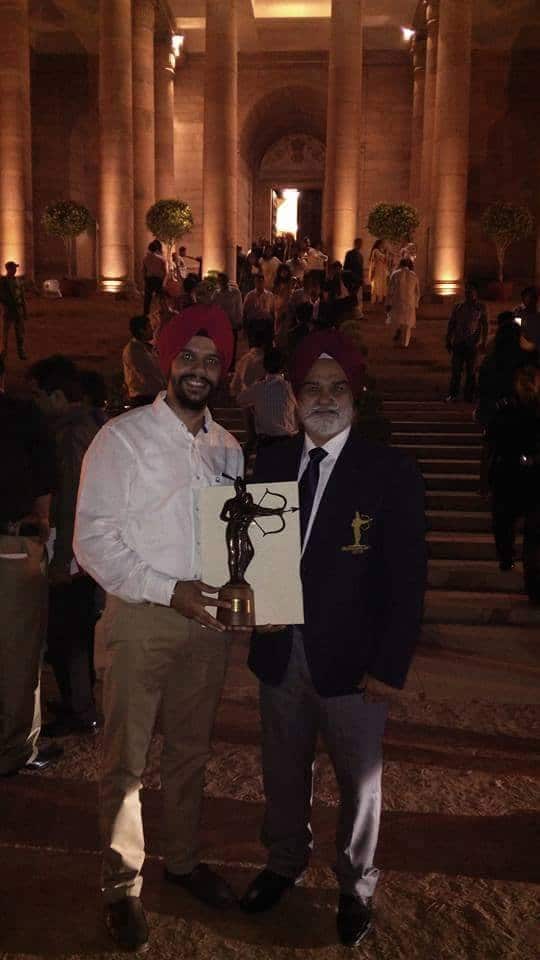 Swatantar Raj Singh with his son outside Rashtarpati Bhawan, New Delhi