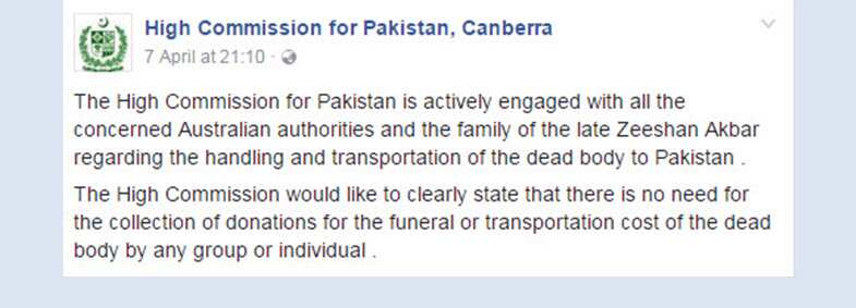 Pakistan High Commission's message on Zeeshan Akbar's body transfer