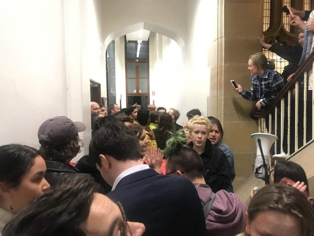 Protesters blocked the entrance to the theatre where Bettina Arndt was giving a talk at Sydney University on Tuesday.
