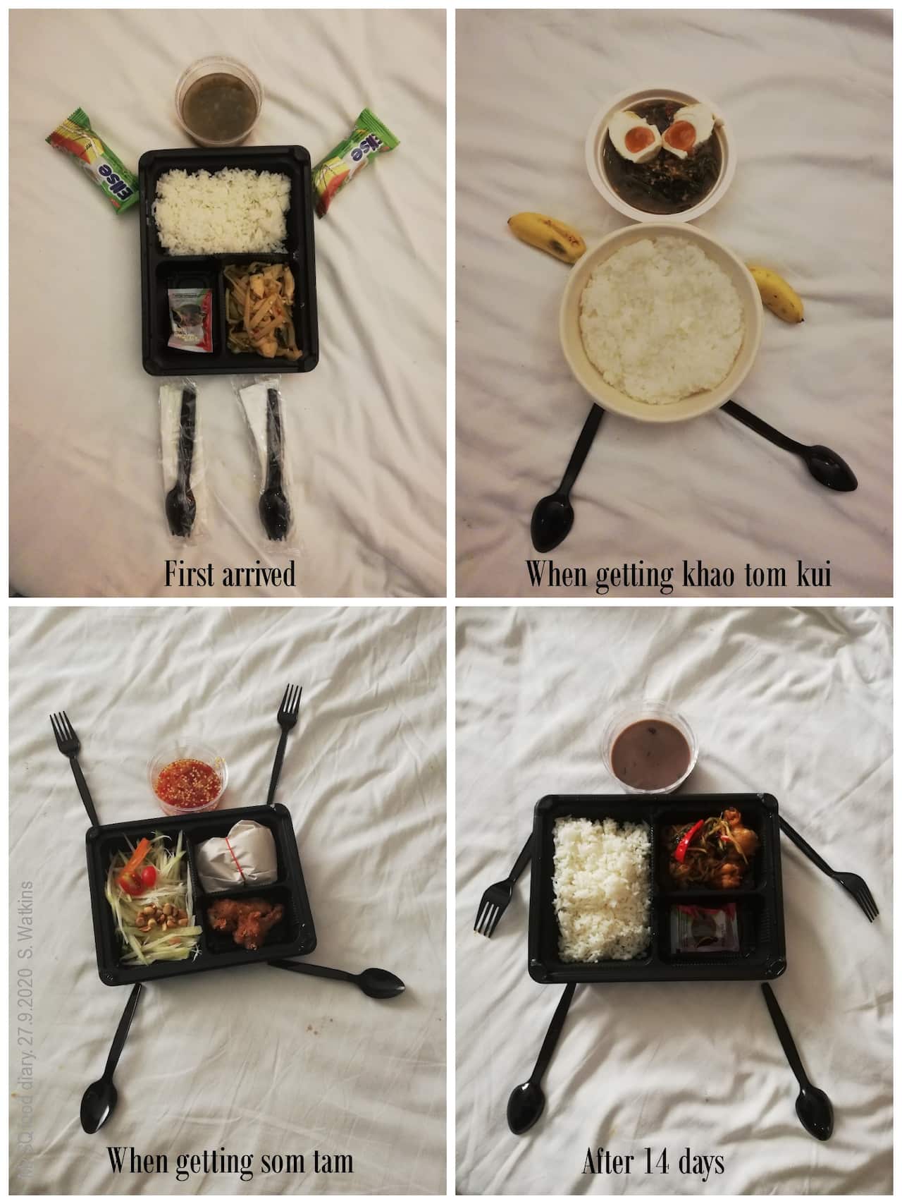 The meal of each day during the time in Thai state quarantine.