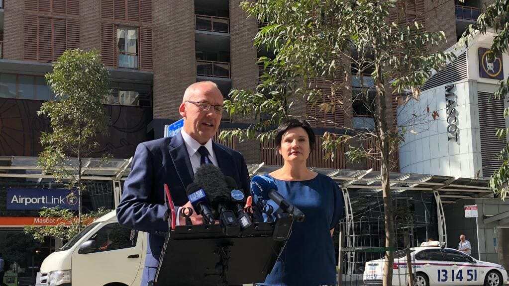 NSW Opposition leader Luke Foley and and transport spokeswoman Jodi McKay announce they will scrap the airport rail access fee and put on more buses for St George. 