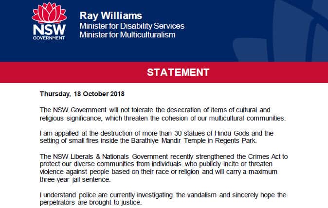 A statement released by the Multiculturalism minister Ray Williams