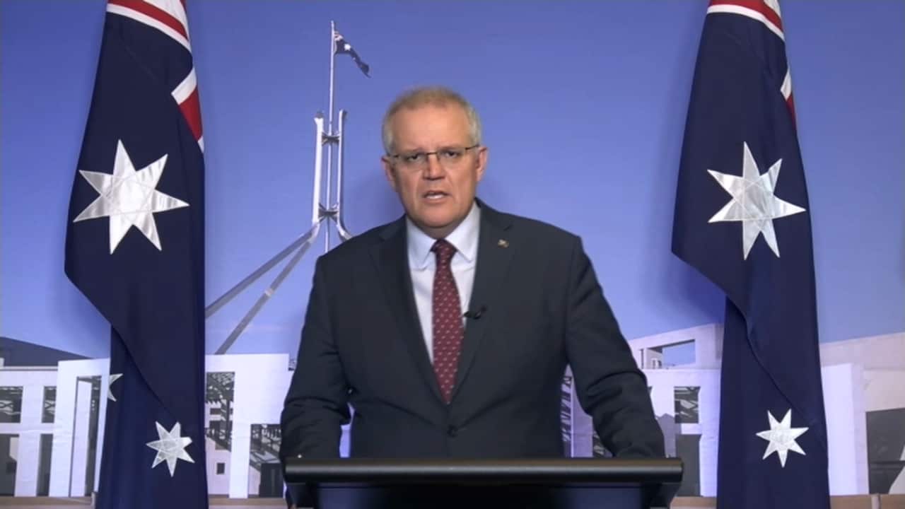 Prime Minister Scott Morrison makes an announcement on Monday evening while isolating at The Lodge, following a National Cabinet meeting.