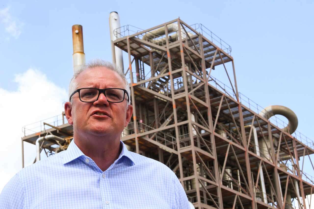 Australian Prime Minister Scott Morrison speaks to the media during a visit to Northern Oil Refinery in Gladstone, QLD, Thursday, January 21, 2021. (AAP Image/Lukas Coch) NO ARCHIVING