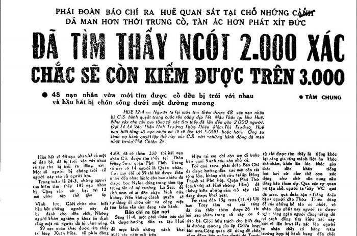 Bản tin trên Chính Luận về cuộc thảm sát Mậu Thân tại Huế.