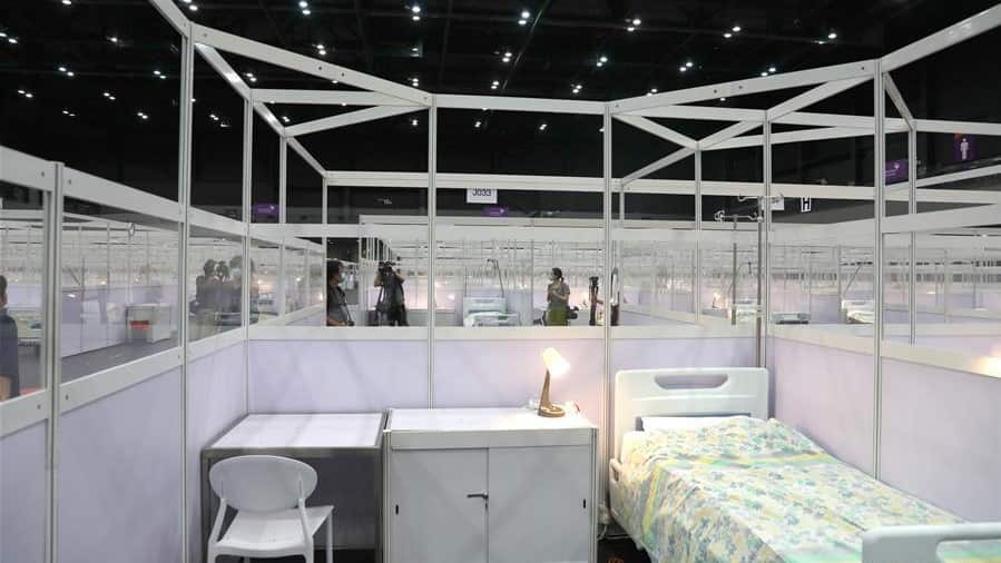 The interior of a makeshift hospital for COVID-19 patients at the AsiaWorld-Expo in south China's Hong Kong.