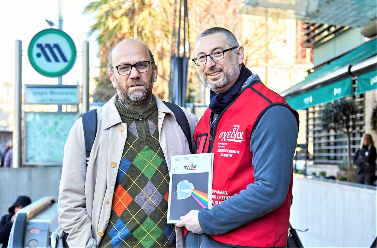 Arthur Spyrou (R) with Shedia Streetpaper founder, Greek Australian Christos Alefantis, during Shedia’s ‘Vendor For One Hour’ initiative (February 2020). 