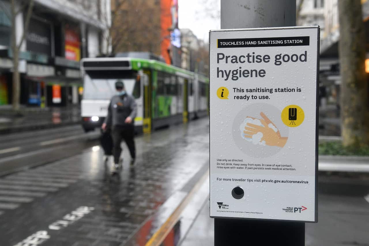 A hand sanitising station is seen in Melbourne.