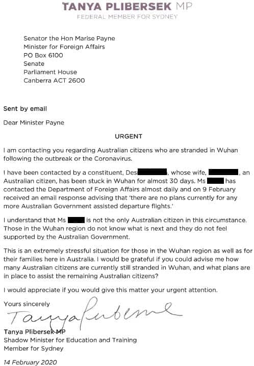 Tanya Plibersek's letter to Marise Payne