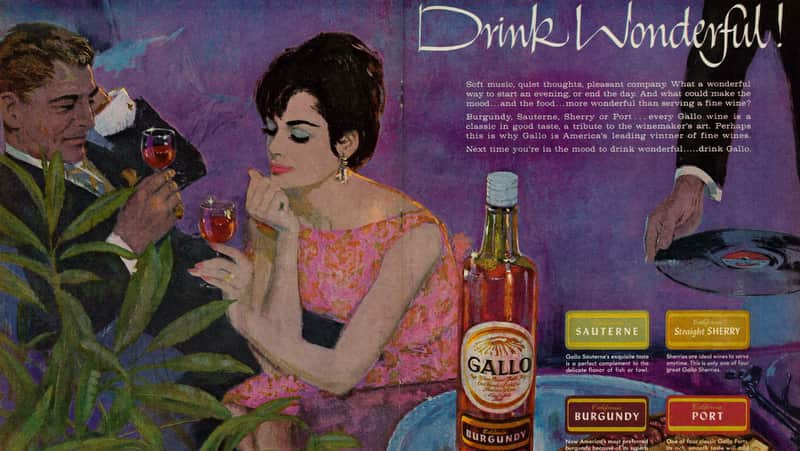 1962 Illustrated Ad, Gallo Wines, Romantic Evening with Elegant Woman & Man at Party, Artist Coby Whitmore 