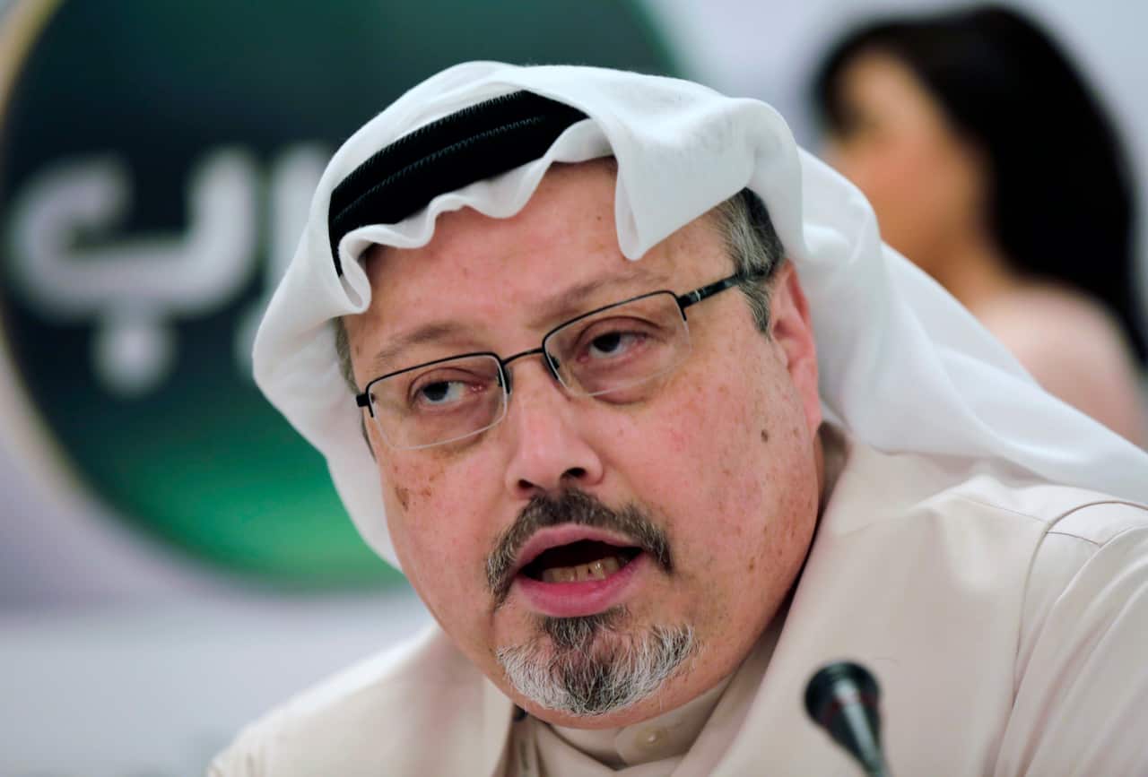 Saudi journalist Jamal Khashoggi speaks during a press conference before his murder.