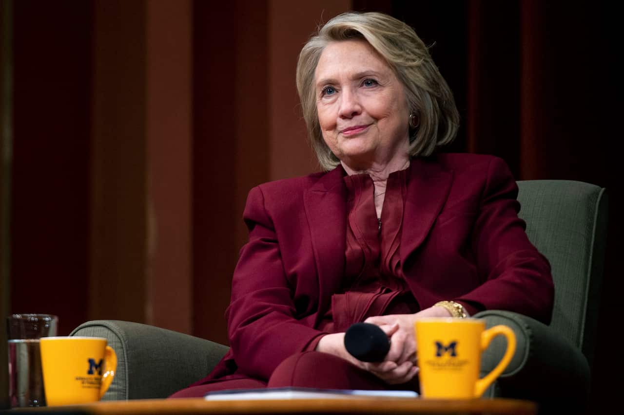 Hillary Clinton lectures on foreign policy at Rackham Auditorium, Thursday, Oct. 10, 2019 in Ann Arbor, Mich.(Jacob Hamilton/Ann Arbor News via AP)