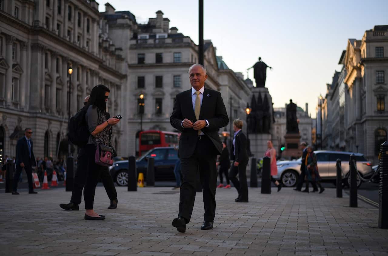 Australian Prime Minister Malcolm Turnbull arrives for a press conference in London, Thursday, April 19, 2018.