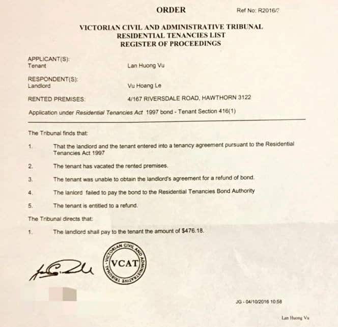 Lệnh yêu cầu bồi thường của Toà án Victoria (NVCC cho báo Thanh Niên)