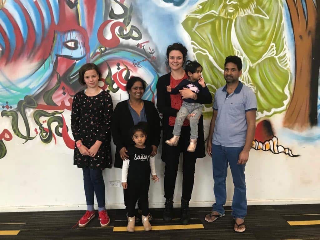 Simone and her daughter Isabelle visit the family at the Melbourne Immigration Transit Accommodation.