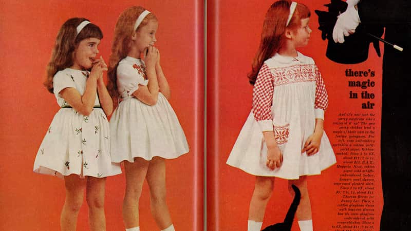 1962 Children's Fashion Ad, Girls' Party Dresses, with Magician & Black Cat, "Magic in the Air"