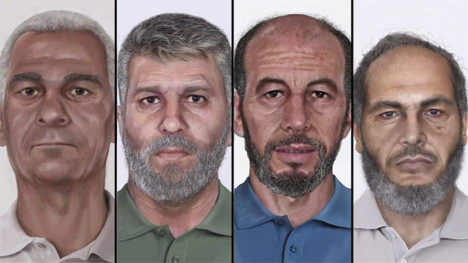 Age-progressed photos of four suspects, FBI photos of suspects