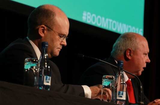 Infrastructure Australia chief executive Philip Davies, left, has decided not to renew his contract after just three years. He is pictured with Victorian Treasurer Tim Pallas. 