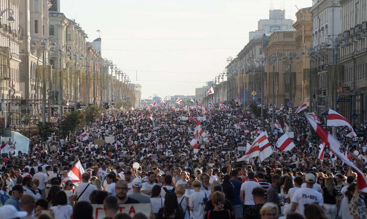 Belarusians attend a rally in support of the Belarusian opposition and the results of the Belarusian presidential election in Minsk, Belarus, 16 August 2020. 