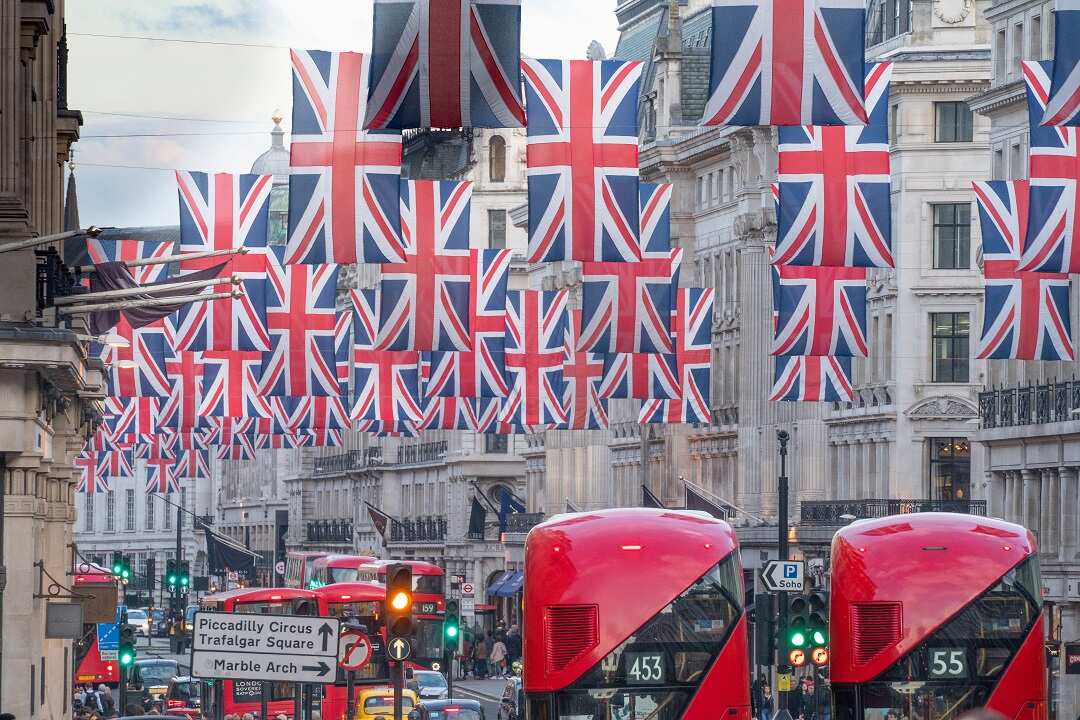 Union Jack flags on display in Regent Street in London in preparation for the royal wedding of Prince Harry and Meghan Markle on May 19.