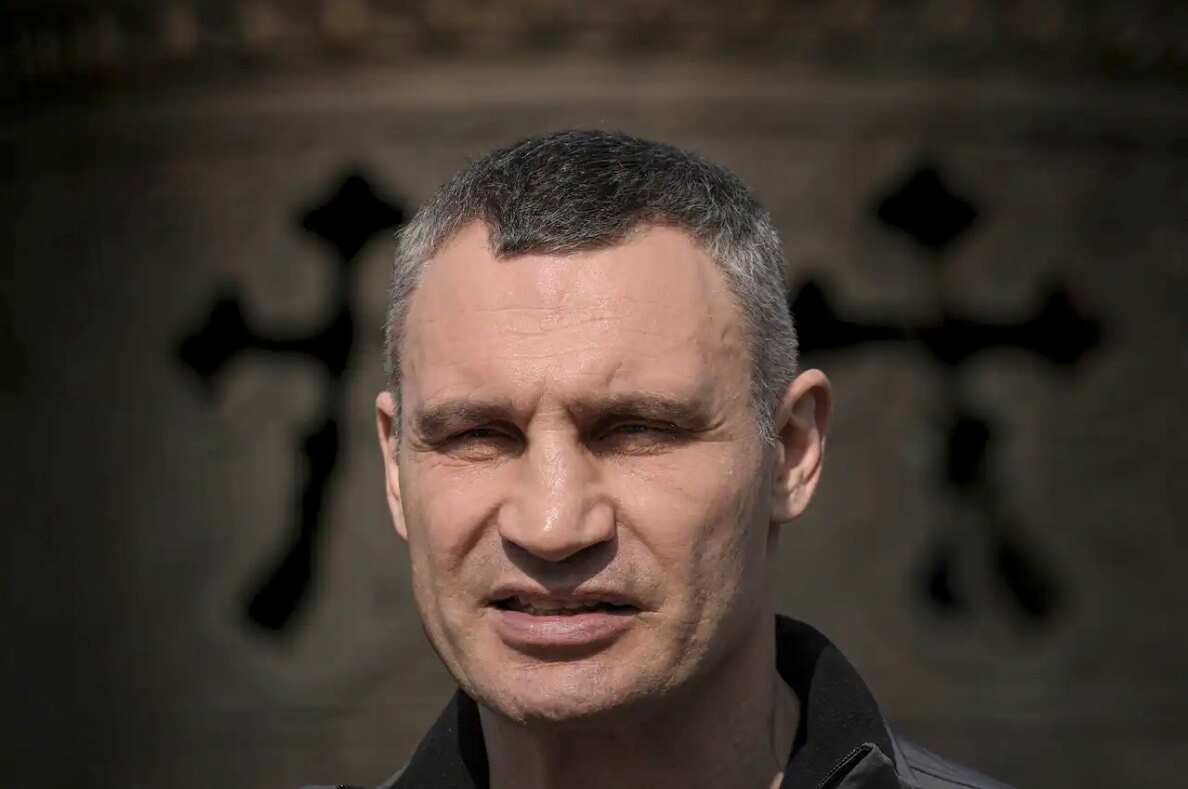 Kyiv Mayor Vitali Klitschko speaks during a press conference on 23 March 2022.