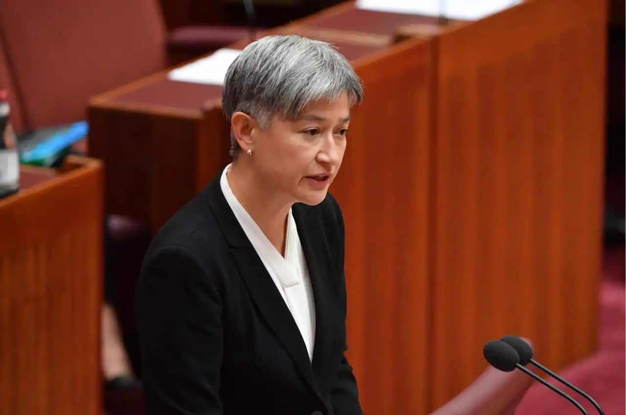 Shadow Minister for Foreign Affairs Penny Wong pays tribute to the late Labor Senator Kimberley Kitching during a special Senate session at Parliament House in Canberra.