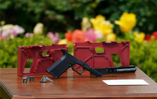 A 9mm pistol build kit is displayed during a event to combat gun crime in the Rose Garden of the White House in Washington, DC on April 11, 2022.