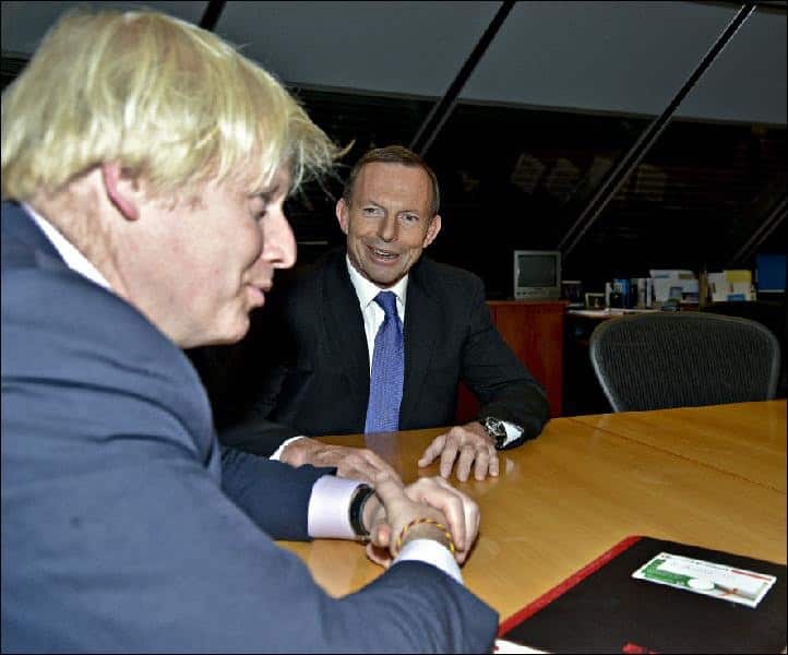 Tony Abbott meets Boris Johnson when he was the mayor of London at City Hall in London on 8 December 2012.