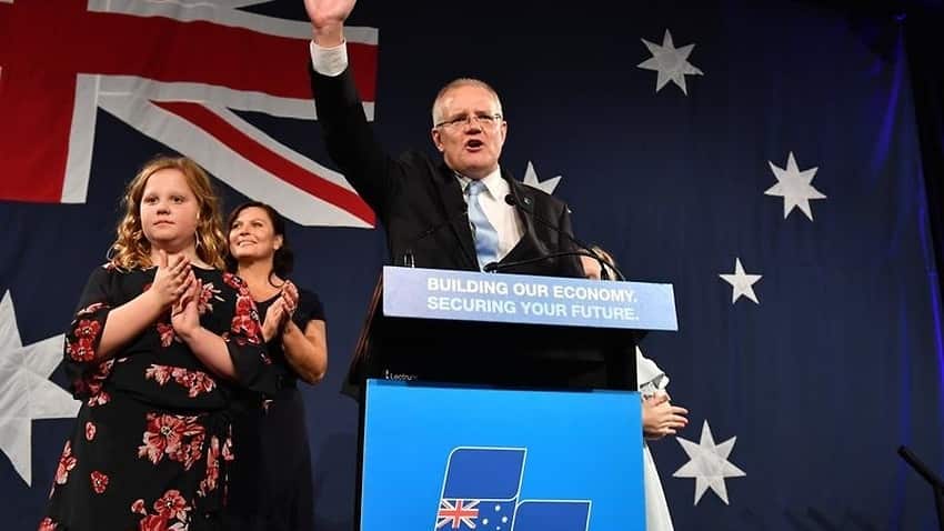 Prime Minister Scott Morrison on election night at the Wentworth Sofitel Hotel, Sydney