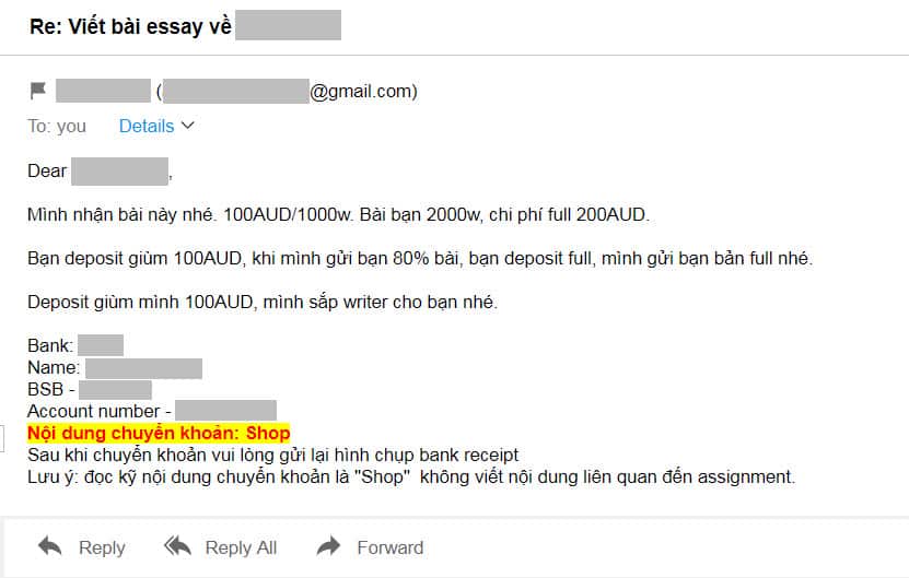Email correspondence with a Vietnamese contract cheating service