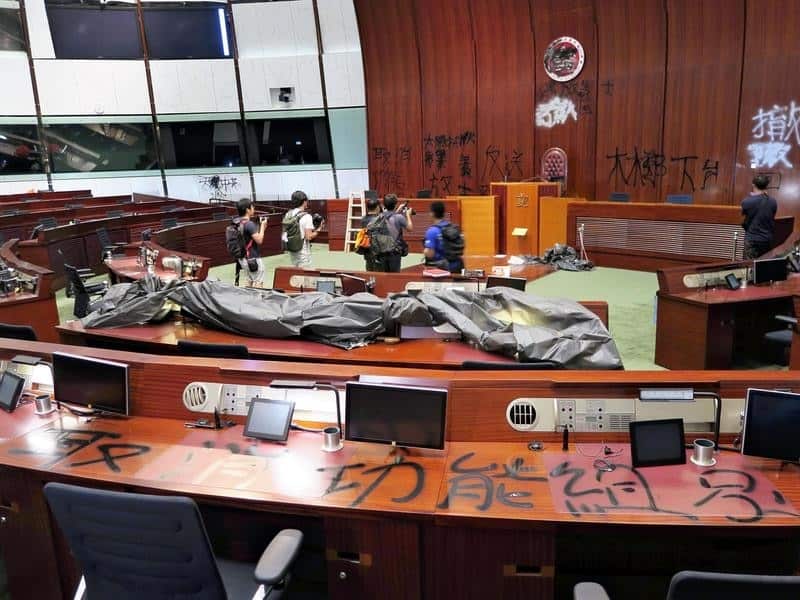 The Legislative Council chamber after it was vandalised by protesters.