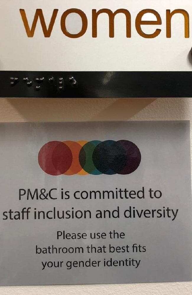 A sign for a gender inclusive toilet at the Barton offices of Prime Minister and Cabinet. 