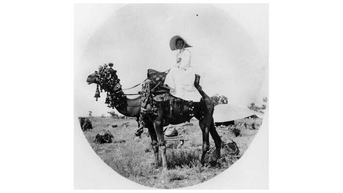 Unidentified woman on a camel, ca. 1880 A woman in a long dress, jacket and a large picture hat is sitting side-saddle on a camel. 
