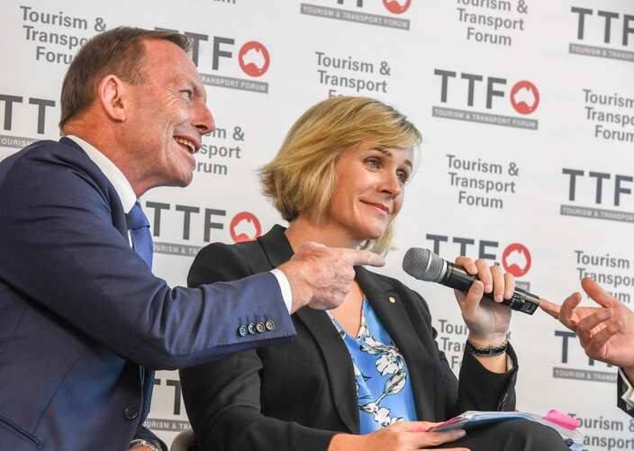 Member for the seat of Warringah Tony Abbott with Independent candidate Zali Steggall at an event in March