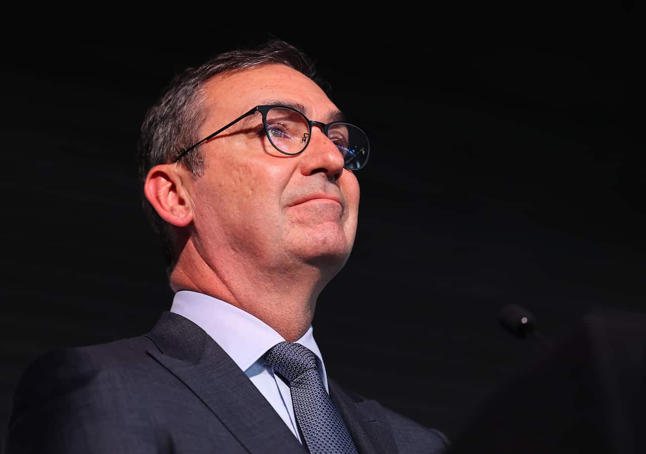 South Australian Premier Steven Marshall during a leaders debate at the South Australian Press Club,  in Adelaide, Friday, March 26, 2021.  (AAP Image/David Mariuz) NO ARCHIVING,