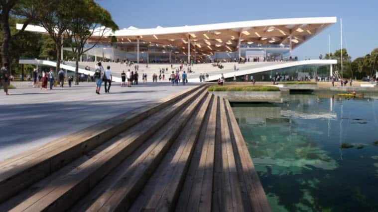An artist's impression of the eastern entrance of the new Sydney Fish Market to be built on Bridge Road, Blackwattle Bay.