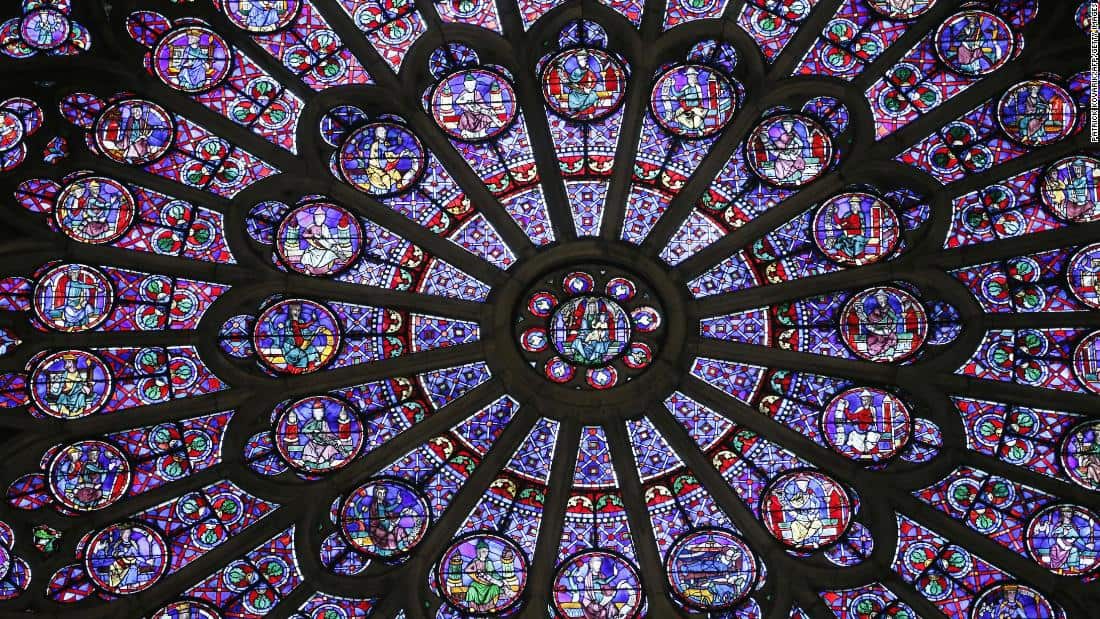 The stained glass on the northern side of the Notre Dame cathedral in Paris.