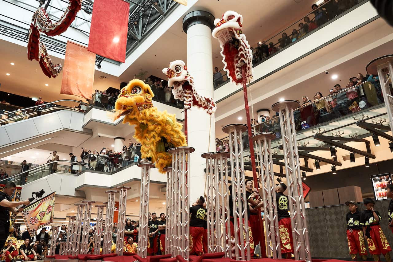 High pole Lion Dance performed by Jin Wu Koon Dragon & Lion Dance Association. 