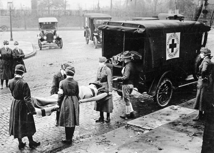 Influenza epidemic in United States. St. Louis, Missouri, Red Cross Motor Corps on duty, October 1918. 