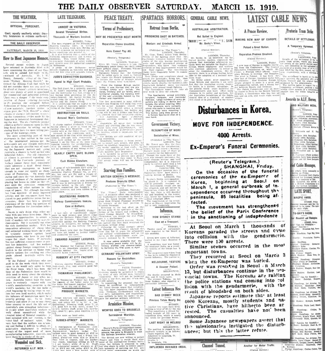 The article on the Korean indendence movement published in the Daily Observer on 15 March 1919.