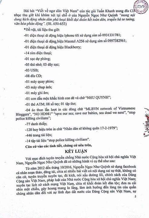 Trang 5 trong bản cáo trạng của Mẹ Nấm Nguyễn Ngọc Như Quỳnh nói về bài hát Biển Đông của nhạc sĩ Tuấn Khanh.