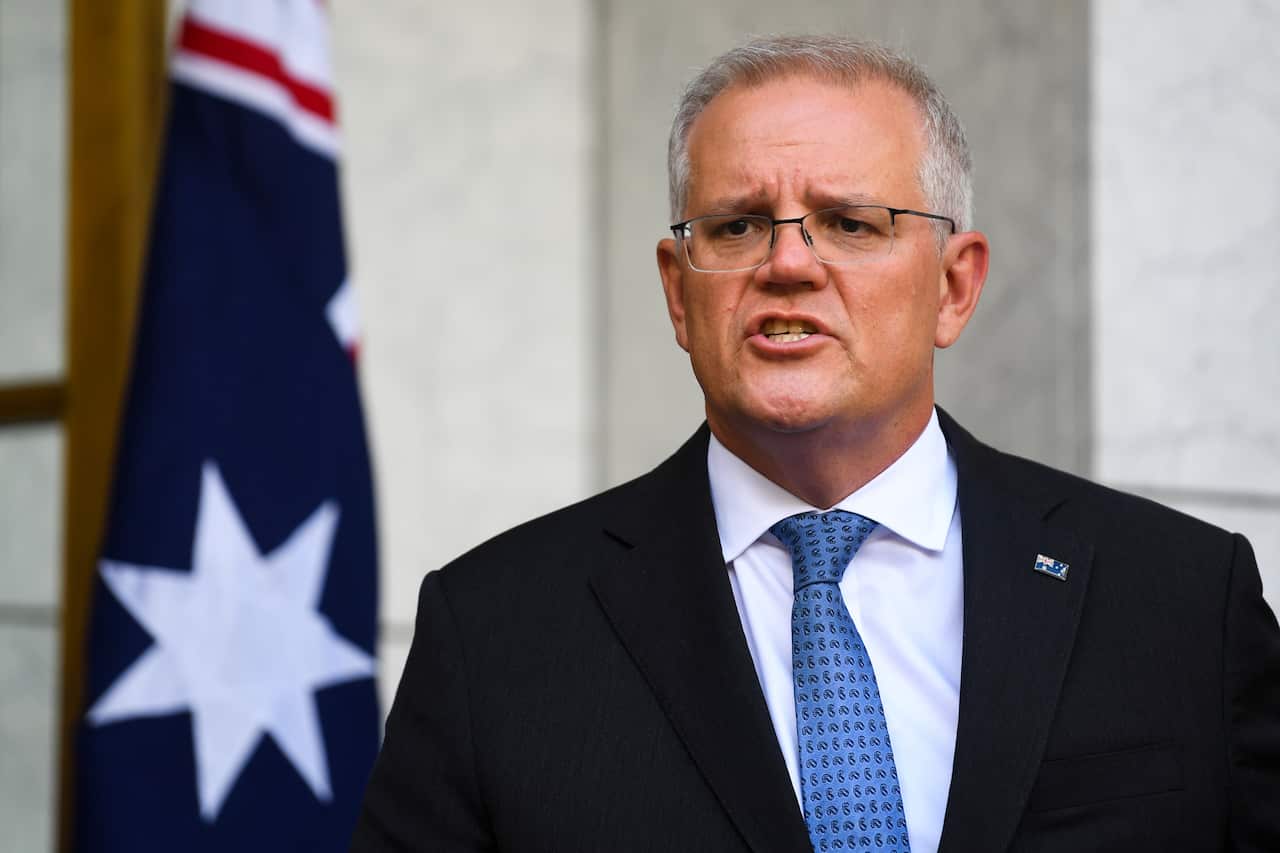 Prime Minister Scott Morrison speaks to the media during a press conference in Canberra.