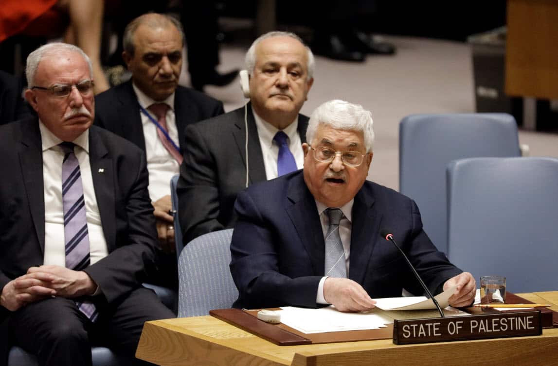 Mahmoud Abbas, President of the State of Palestine addresses a Security Council meeting on the situation in the Middle East, including the Palestinian question at United Nations headquarters in New York (AAP)